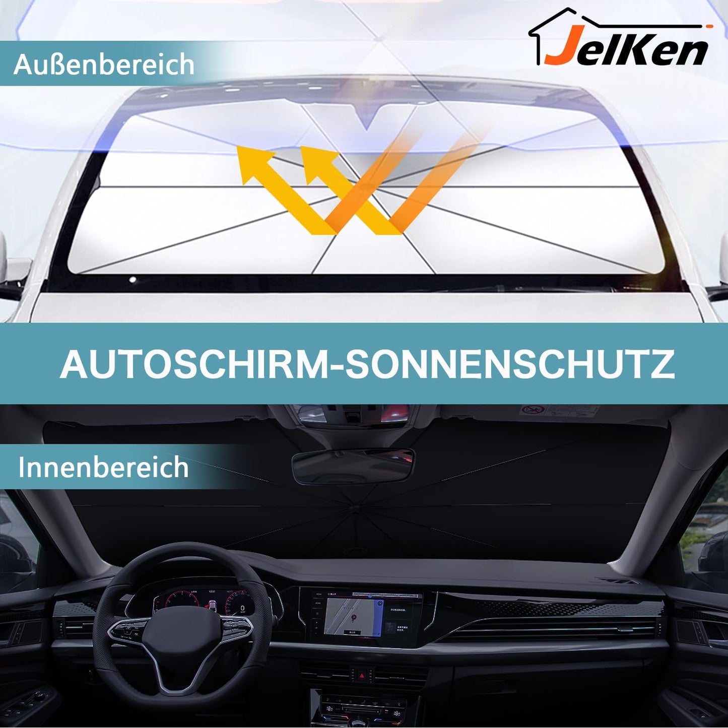 JelKen Car Sunshade Windshield, 2025 Upgrade - 360° Rotatable Handle | Carbon Fiber Skeleton | Effective UV Protection & Heat Insulation | Universal Fit for Most Vehicles, 140x79 cm