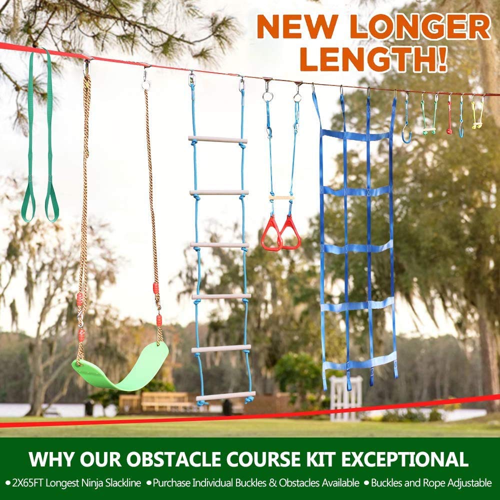 Dripex Slackline for Kids, 2×20m Ninja Slackline and Ninja Warrior Obstacle Course for Outdoor Garden, Ninja Course for Kids with Swing, Climbing Ladder, Climbing Net, and Tree Protectors, suitable for beginners.
