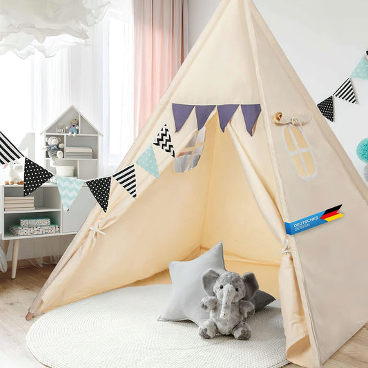 Kids Play tent Teepee Children's tent made of 100% natural materials; Kids' room Indian tent made of cotton & wood for indoors & outdoors (Beige)