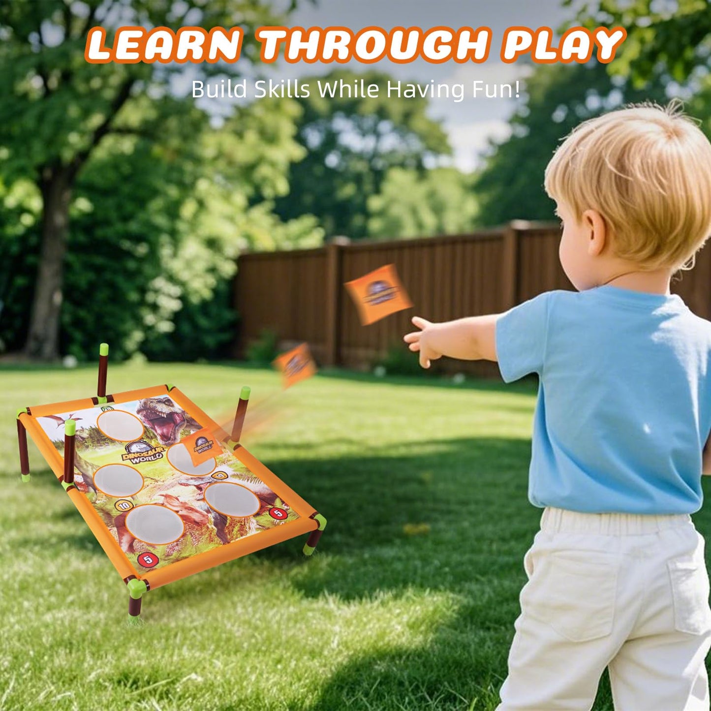 Cornhole game set with 6 bean bags and 3 balls, bean bag toss outdoor garden toy, portable 5-hole cornhole board toy for family kids outdoor activities (dinosaur).