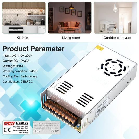 12V 30A power supply switch 120V DC 360W transformer for 3D printers, CCTV, LED lighting, and industrial equipment.