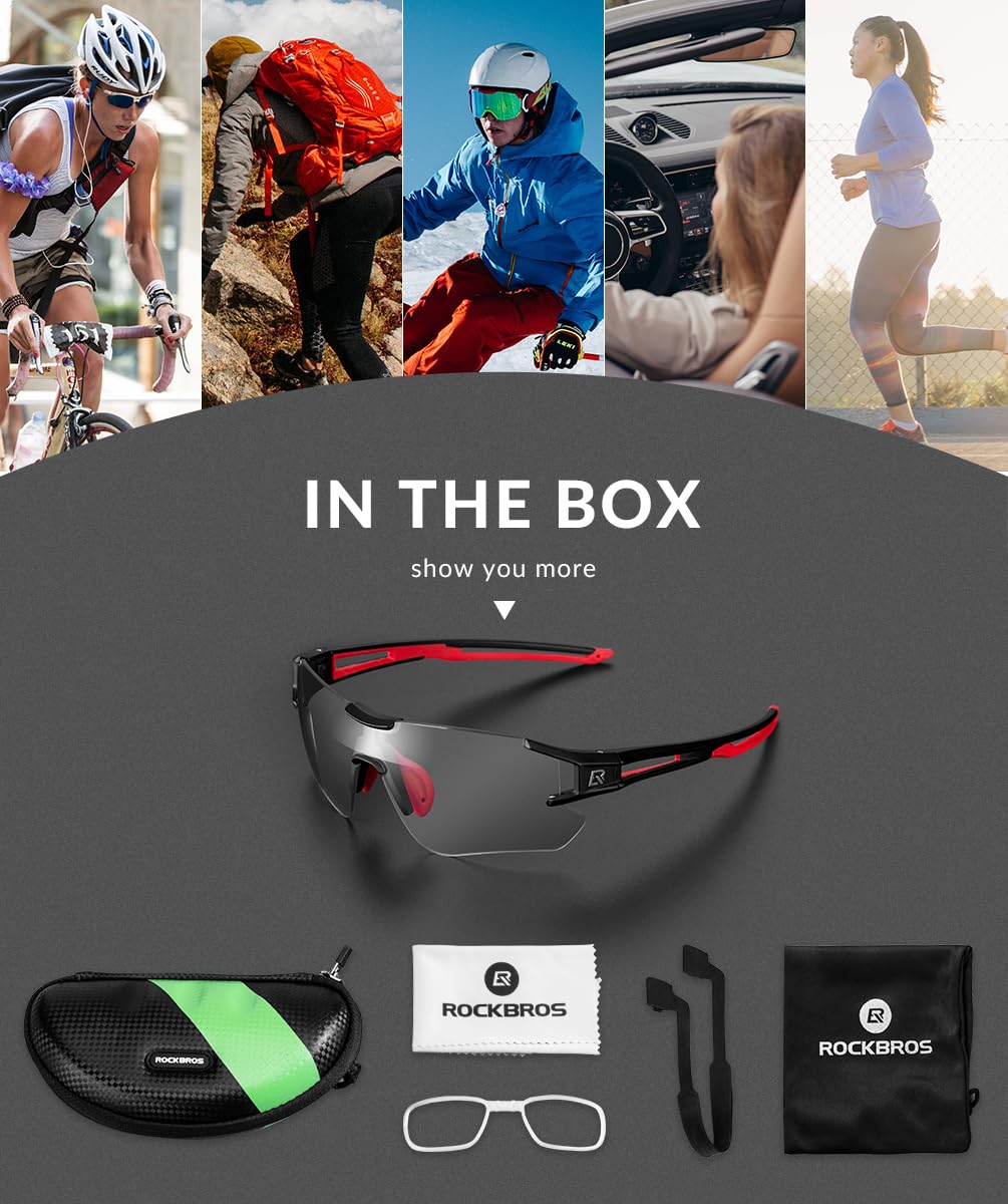 ROCKBROS Self-Tinting Bike Glasses for Men and Women, Photochromic Cycling Sunglasses with UV400 Protection, Transparent Lenses for Outdoor Sports