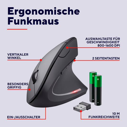 Trust Verto Wireless Vertical Mouse, Wireless Ergonomic Mouse, Prevention of Mouse Arm/Tennis Elbow (RSI Syndrome), 800-1600 DPI, Wireless Mouse for Right-Handed, PC, Computer, Laptop, Mac, with Batteries.