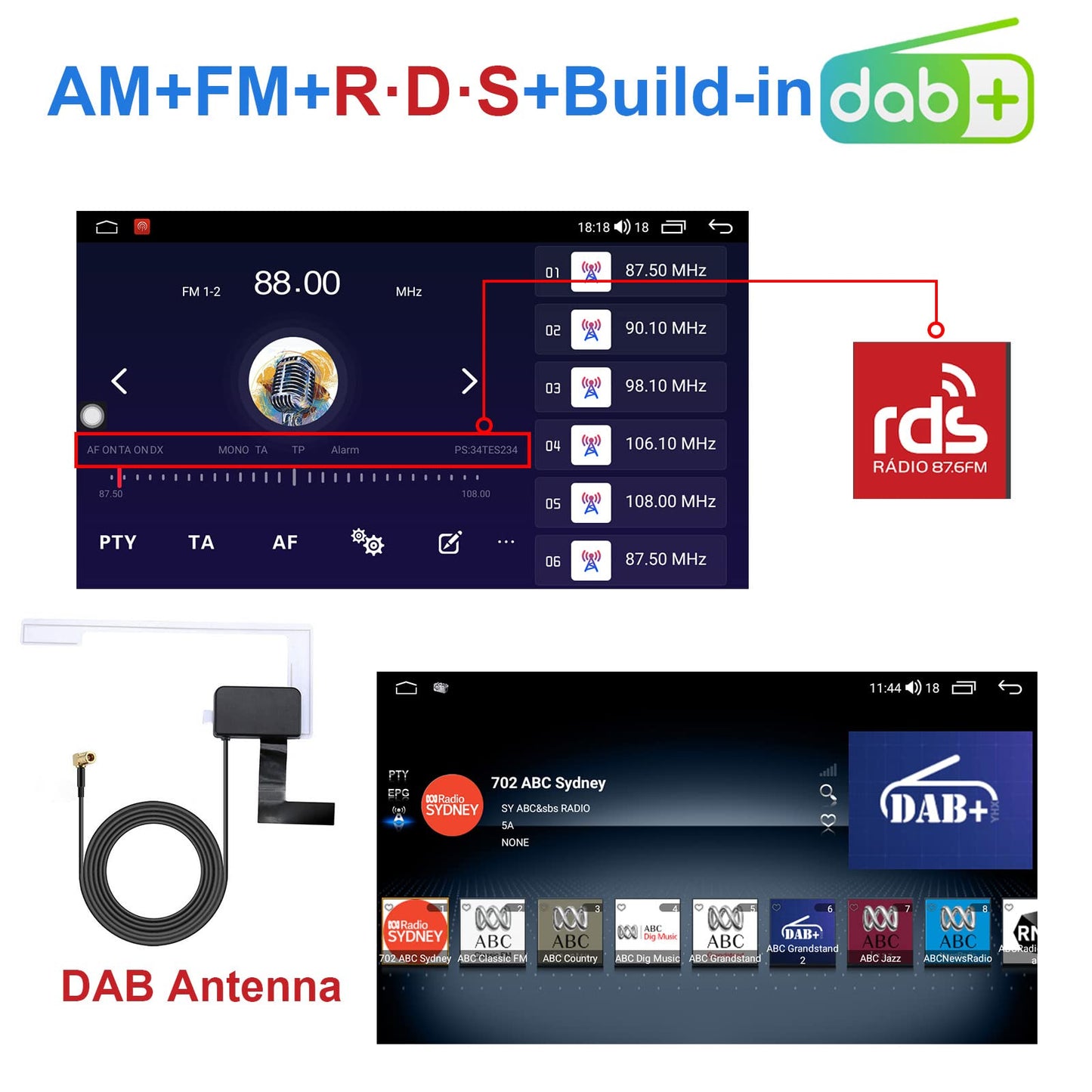 Android 12 car stereo with navigation 10.1 inch screen Built-in DAB+ Wireless Android Auto & Wireless Carplay 1 Din car radio Touch Display with Bluetooth 8 Core 2G+32G WiFi 4G GPS RDS AM Rearview camera