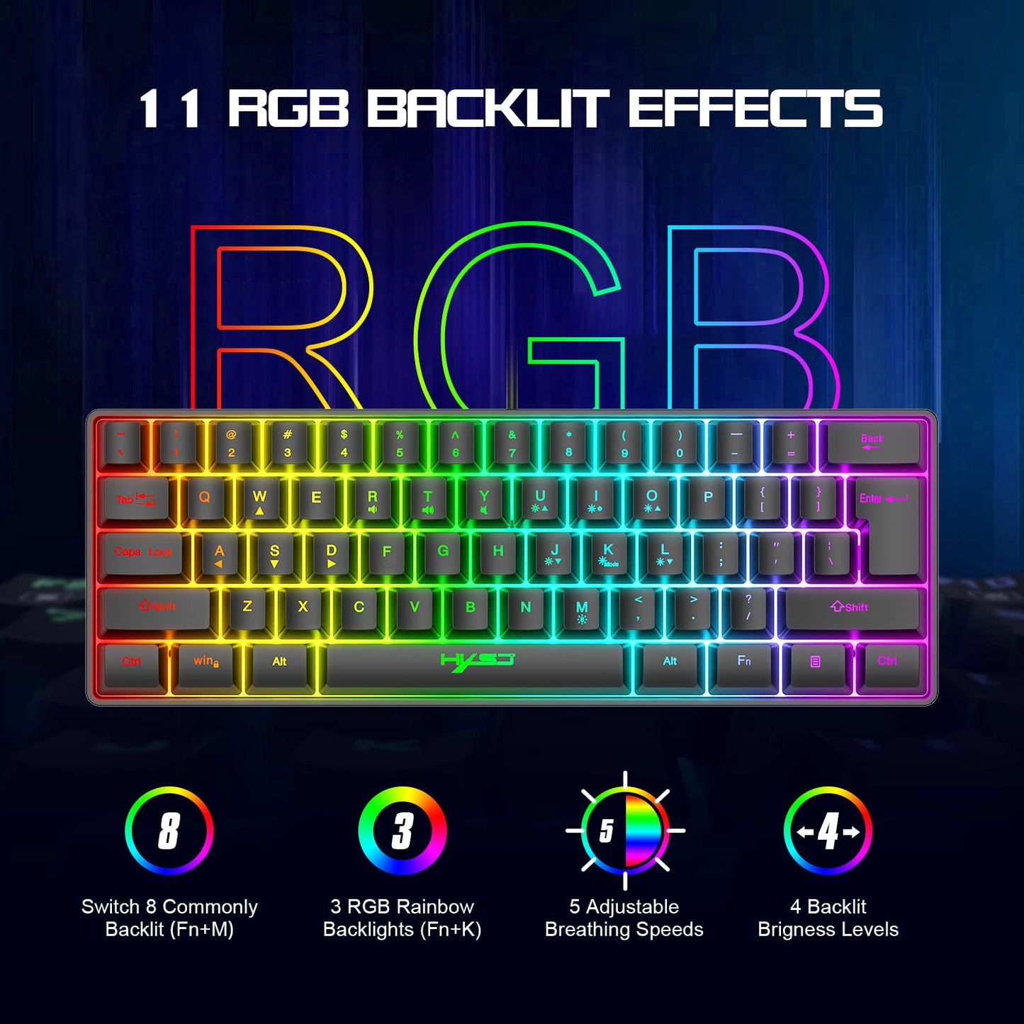 HXSJ V700 Gaming Keyboard and Mouse Set, 60% Compact Keyboard, 61 keys, TKL Layout, RGB Lighting, Optical Gaming Sensor Mouse with 7 buttons, 7-color LED light, Up to 3600 DPI, for PC, Mac-Black