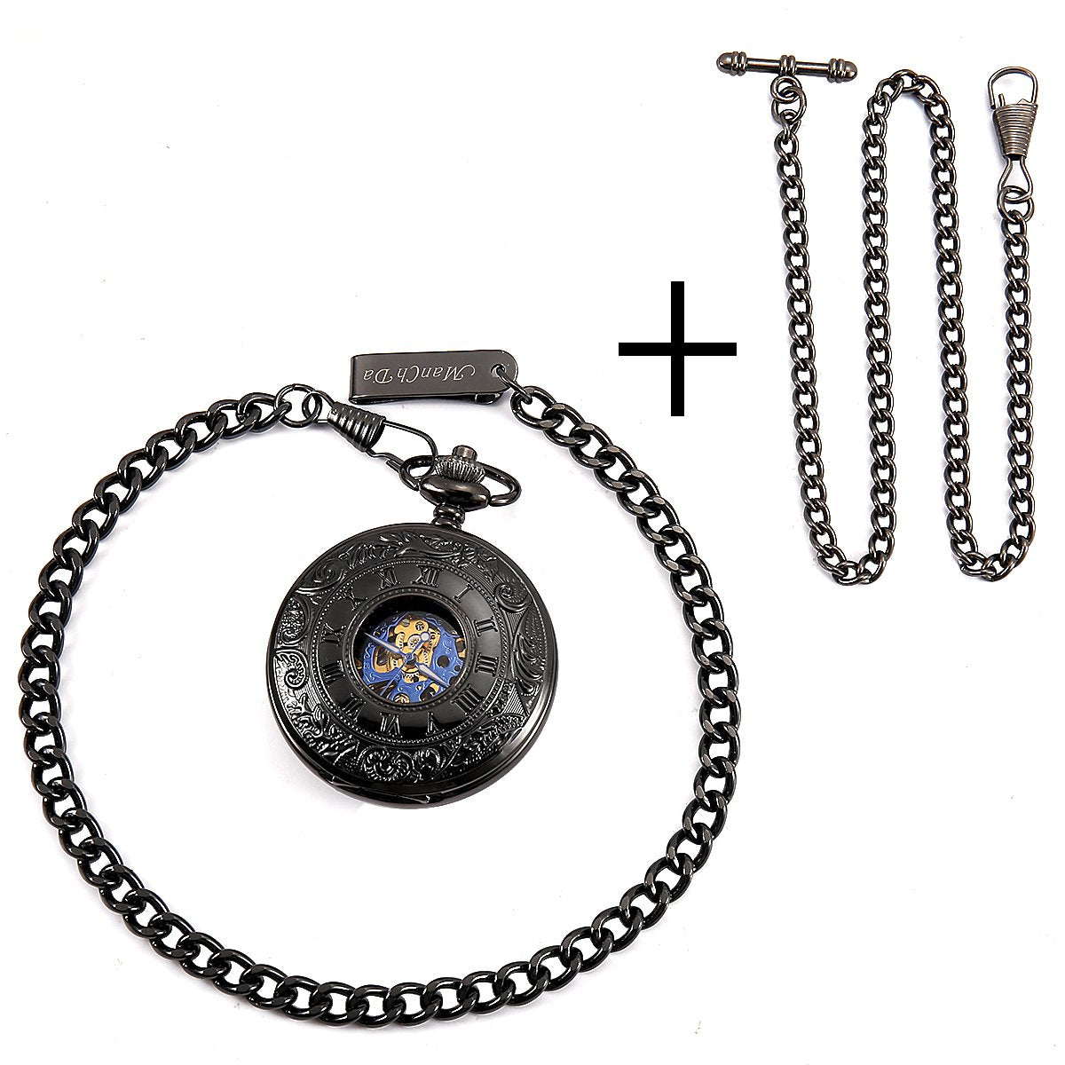 ManChDa® Classic Pocket Watch Retro Dial with Roman Numerals Steampunk Skeleton Mechanical Delicate Movement for Men Women with Chain (Black) + Gift Box