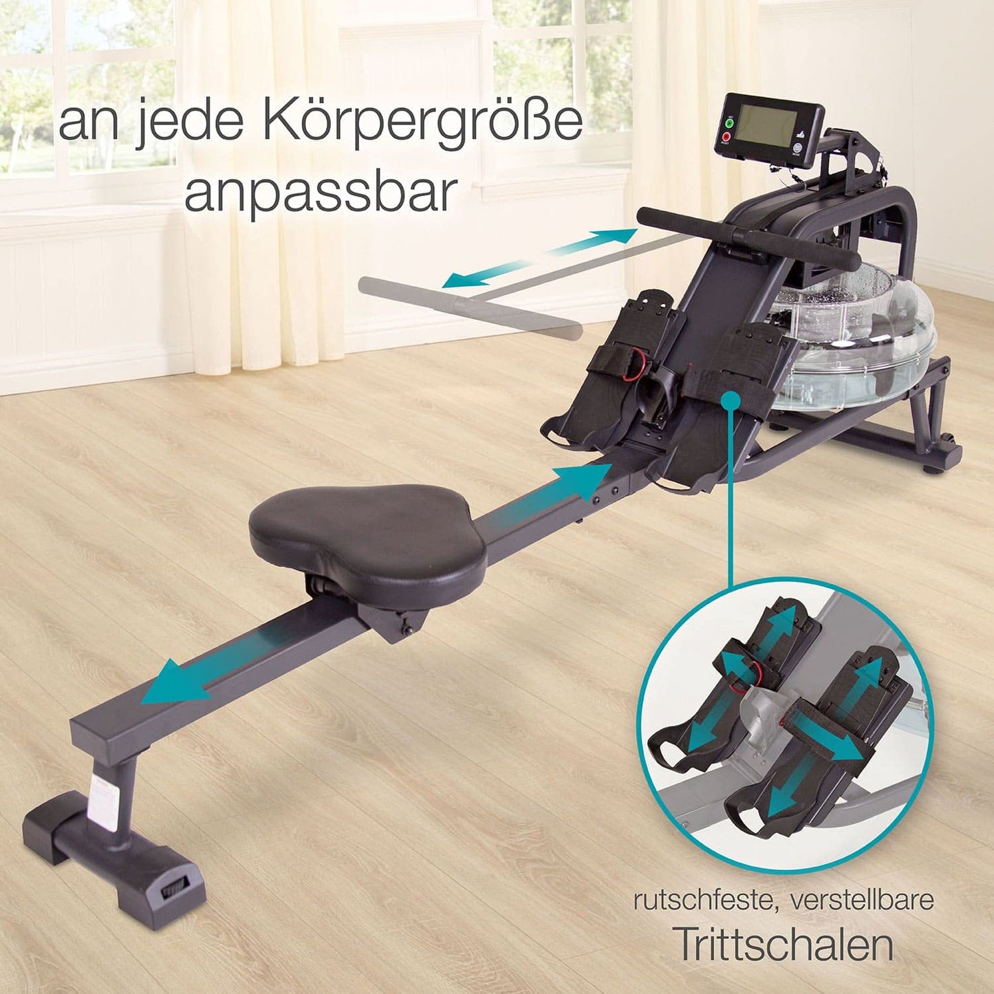 maxVitalis rowing machine water, rowing machine with water resistance, home rowing machine, space-saving and authentic rowing feel