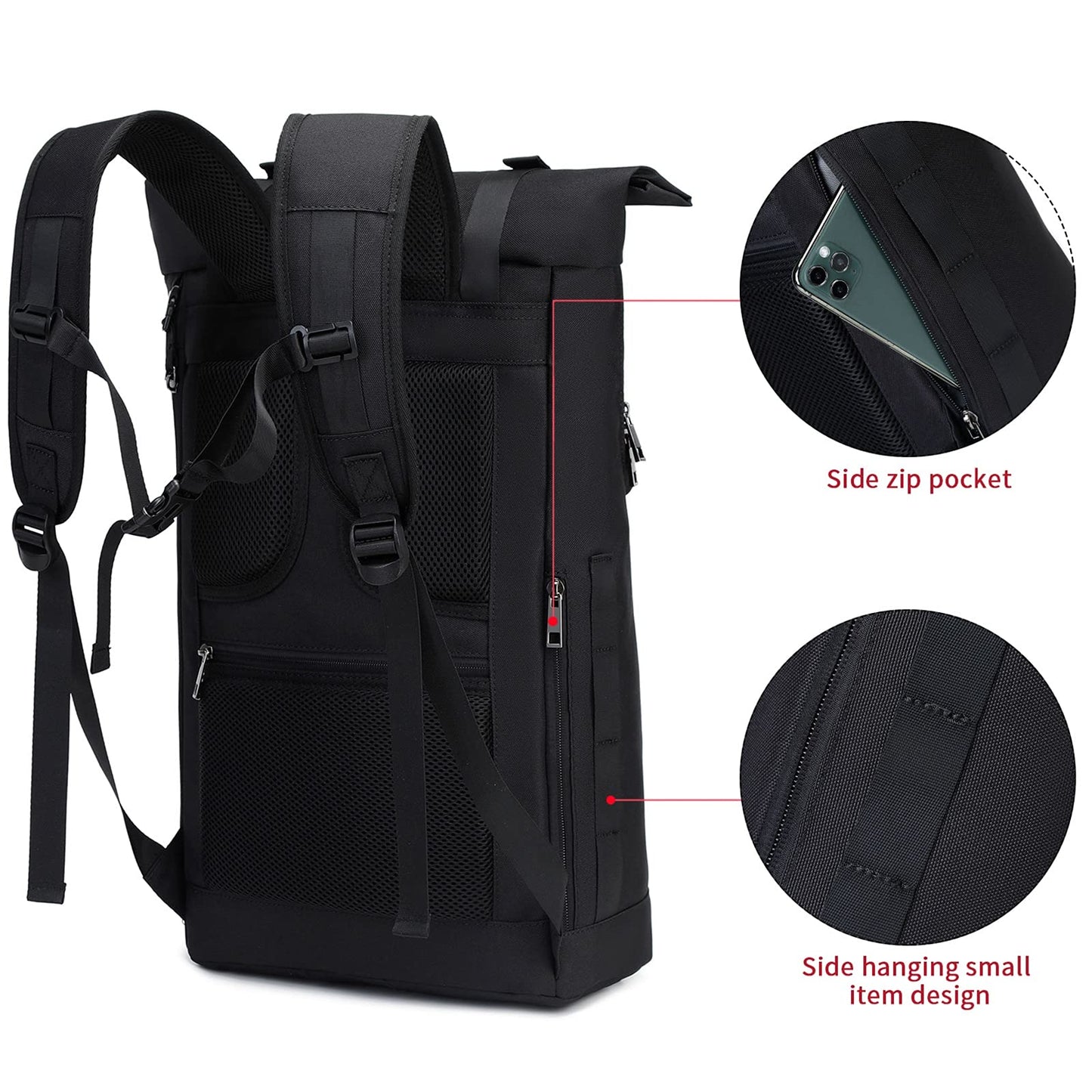 Myhozee Backpack Men Women Water-Resistant Laptop Backpack, Theft-Proof Roll Top Backpacks Daypacks, School Backpack Daypack Trekking Backpacks for Leisure Job Outdoor-Black