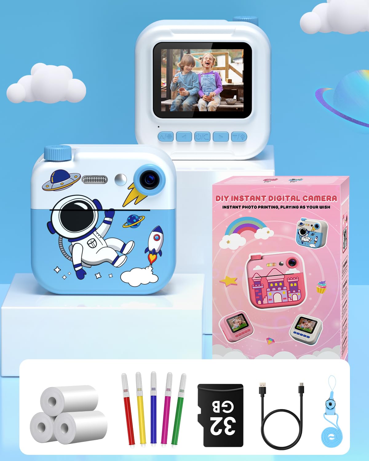 GREENKINDER Instant Camera for Kids, 2.4 Inch Screen Kids Camera with 32G Card & Printing Paper & Colorful Pens, Instant Camera Black and White Photo Camera, Gift for Kids 3-12 Years