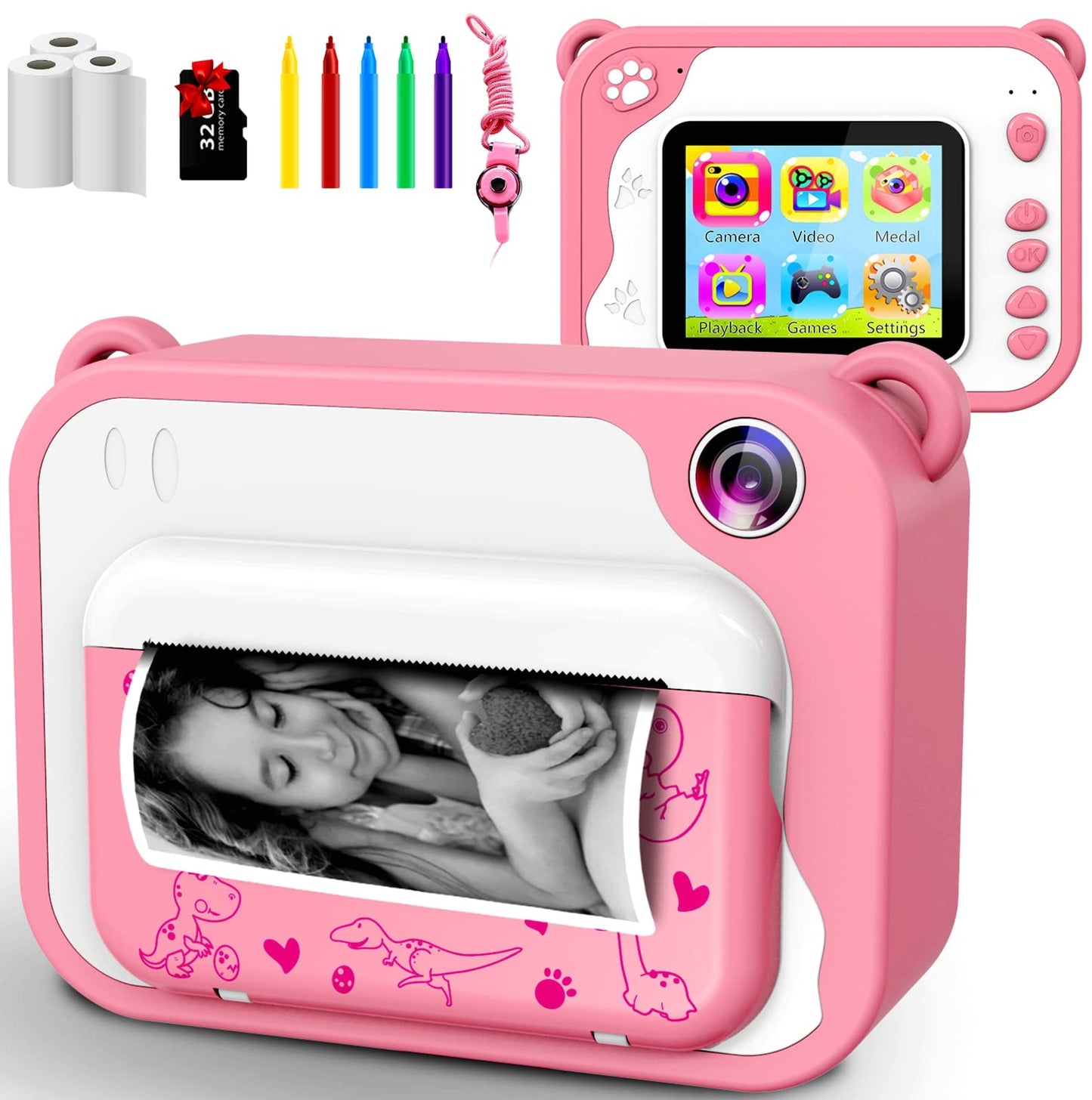 Children's camera, digital camera, instant print camera, 1080P, 2.4-inch screen, video camera, black and white film camera with 32GB card, 3 rolls of printing paper, 5 colored brush pens. A gift for children aged 3-12 years.
