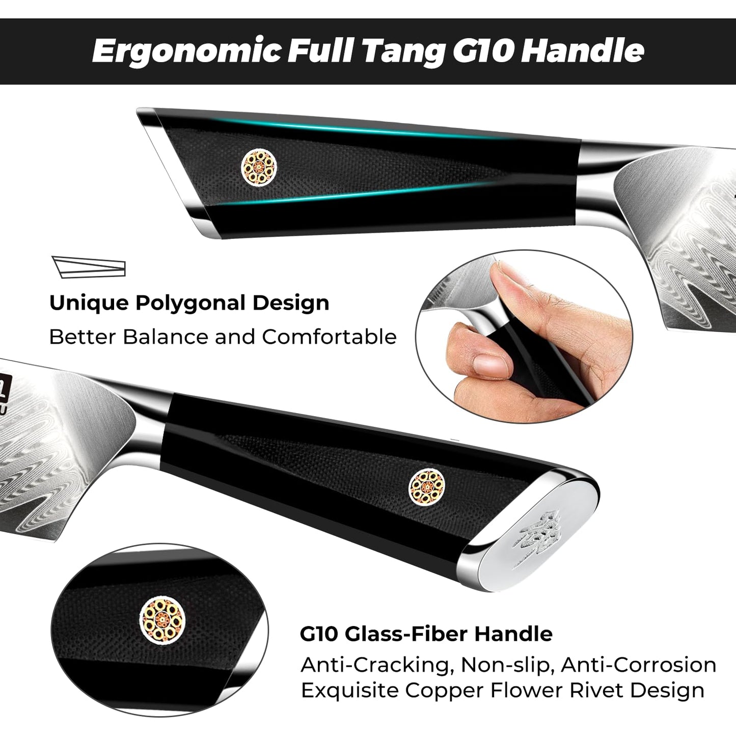 SHAN ZU Damascus Steel Knife Block with 7-piece Kitchen Knife Set made of Japanese 10Cr15CoMoV premium steel, Professional Kitchen Knife with G10 Handle - GYO Series