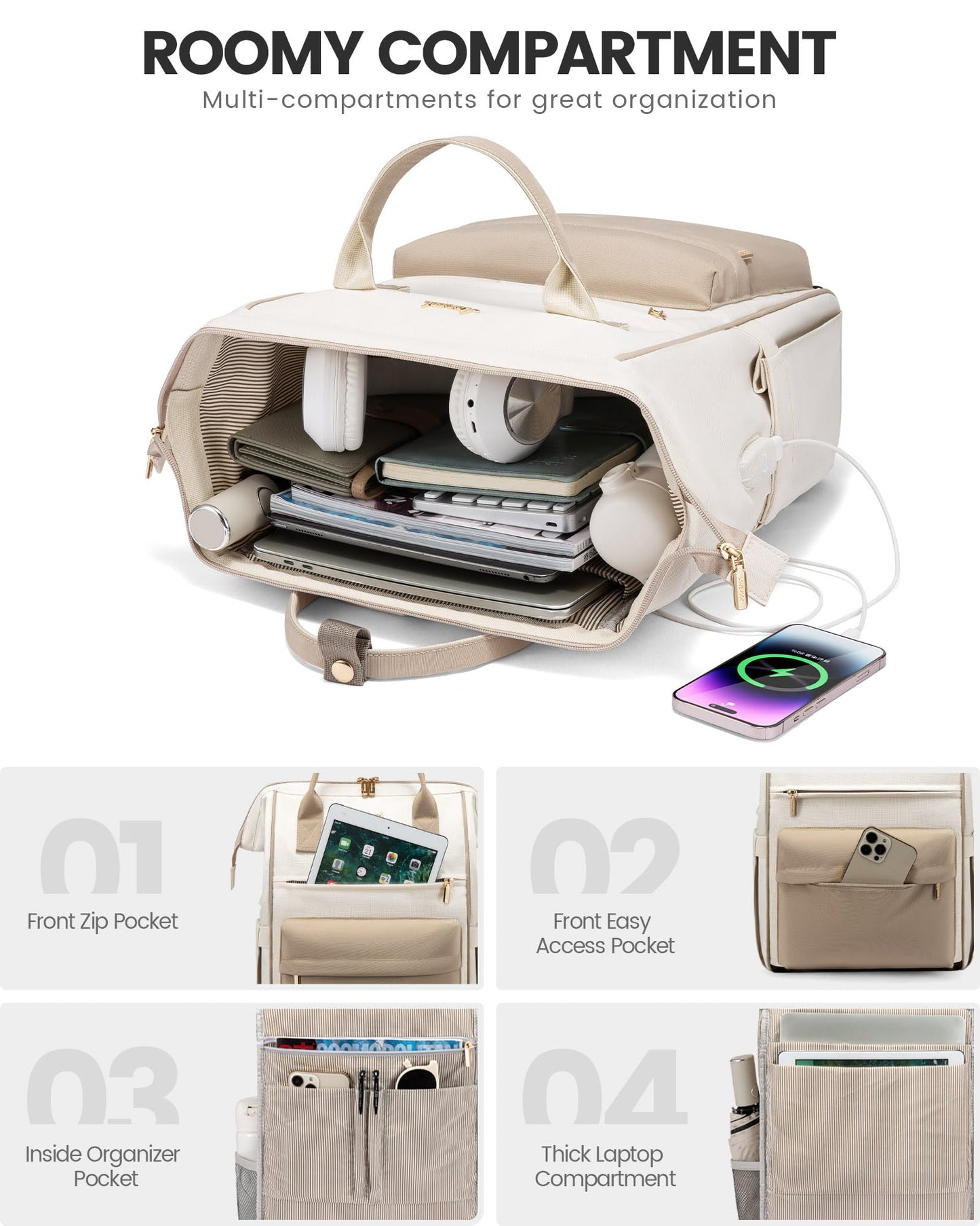 LOVEVOOK Backpack for Women, 17 Inch Laptop Work Bag Travel Backpack School Bag Large, Waterproof Daypacks Teacher Bag Backpack Women Elegant for Work Travel School College Office, Beige