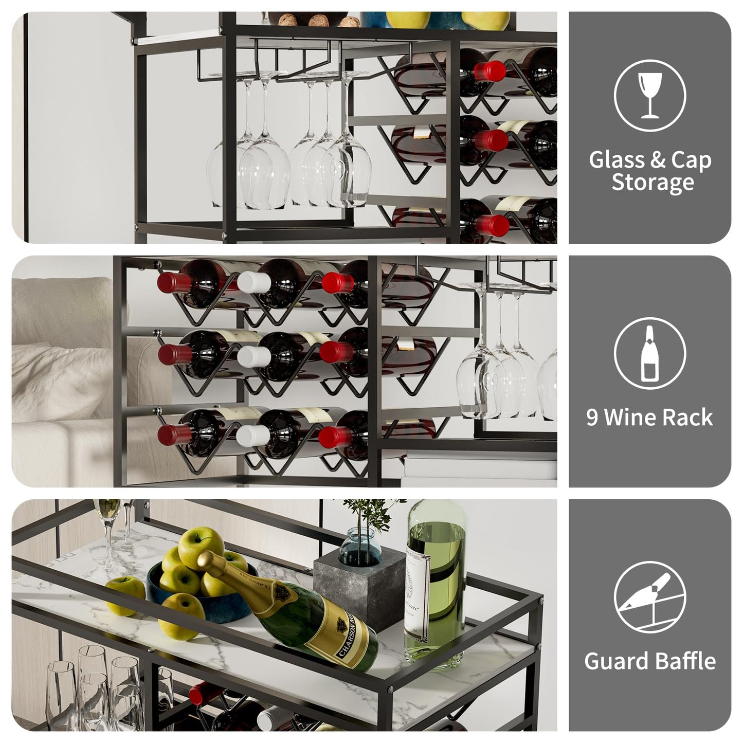 DAWNYIELD 3-tier mobile wine cart, bar serving cart on wheels with wine and glass shelves, modern rolling wine storage cart for kitchen home parties (Black)