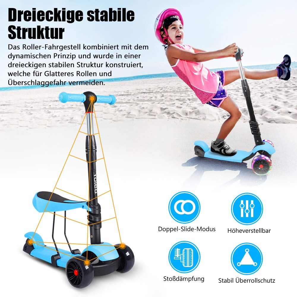 YOLEO 3-in-1 Kids Scooter with Removable Seat, LED Big Wheels, Adjustable Handlebar for Toddlers Boys Girls from 2 Years (Blue)