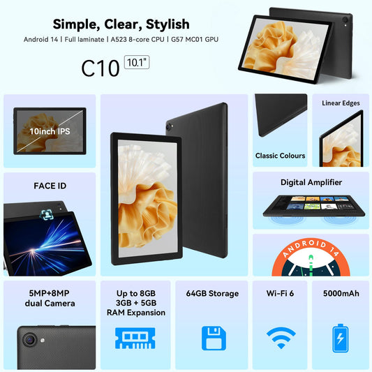 HotLight Android Tablet 10 inch - Android 14 Octa Core Tablet with OTG transfer and Wi-Fi 6G Widevine L1 8GB+64GB+1TB TF 5000mAh Type-C headphone jack Face recognition Tablet PC - Black