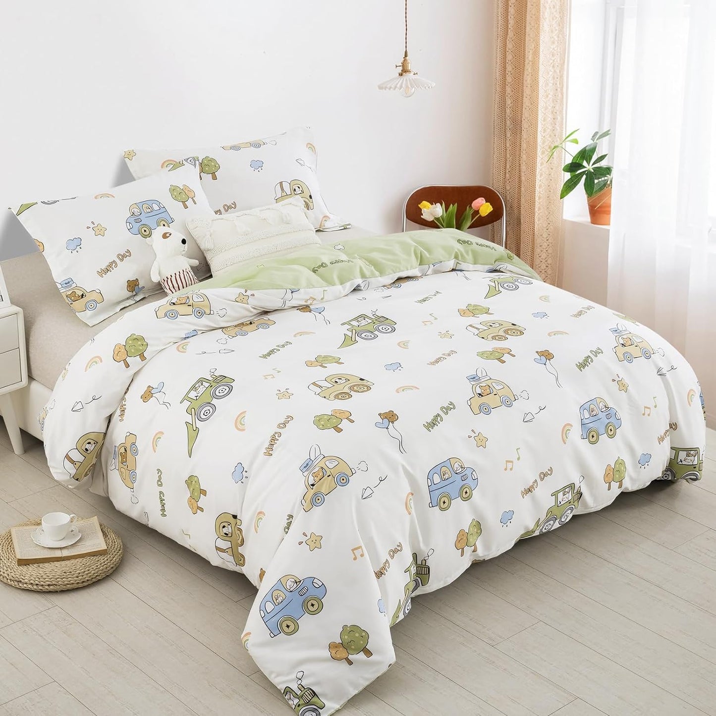 Lanqinglv Kids Bedding 155x220 Boys Car Green White Microfiber Bedding, Reversible Bedding Set - Duvet Cover with Zipper and 1 Pillowcase 80x80 cm