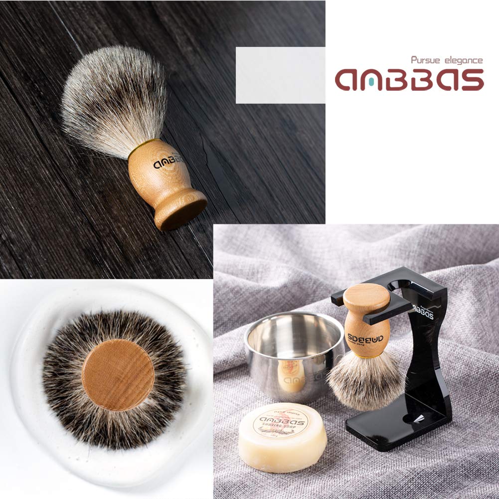 Anbbas men's gift set includes a pure badger hair shaving brush, badger shaving soap, and an acrylic shaving stand with bowl.