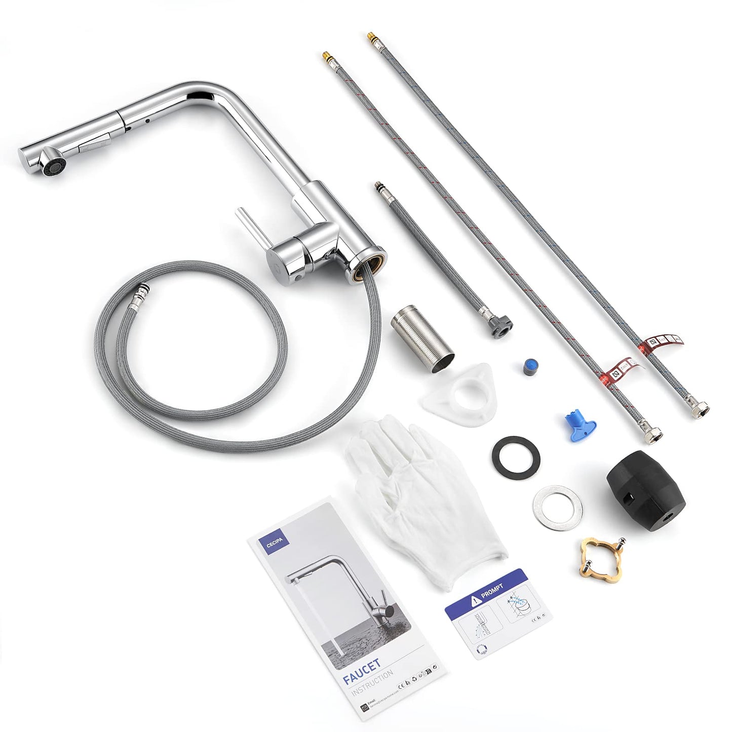 Pull-Out Kitchen Faucet, CECIPA High Pressure Kitchen Tap with Sprayer, Kitchen Mixer Tap with 2 Spray Modes, Single Lever Sink Mixer Stainless Steel Brushed, 360° Rotatable, Chrome