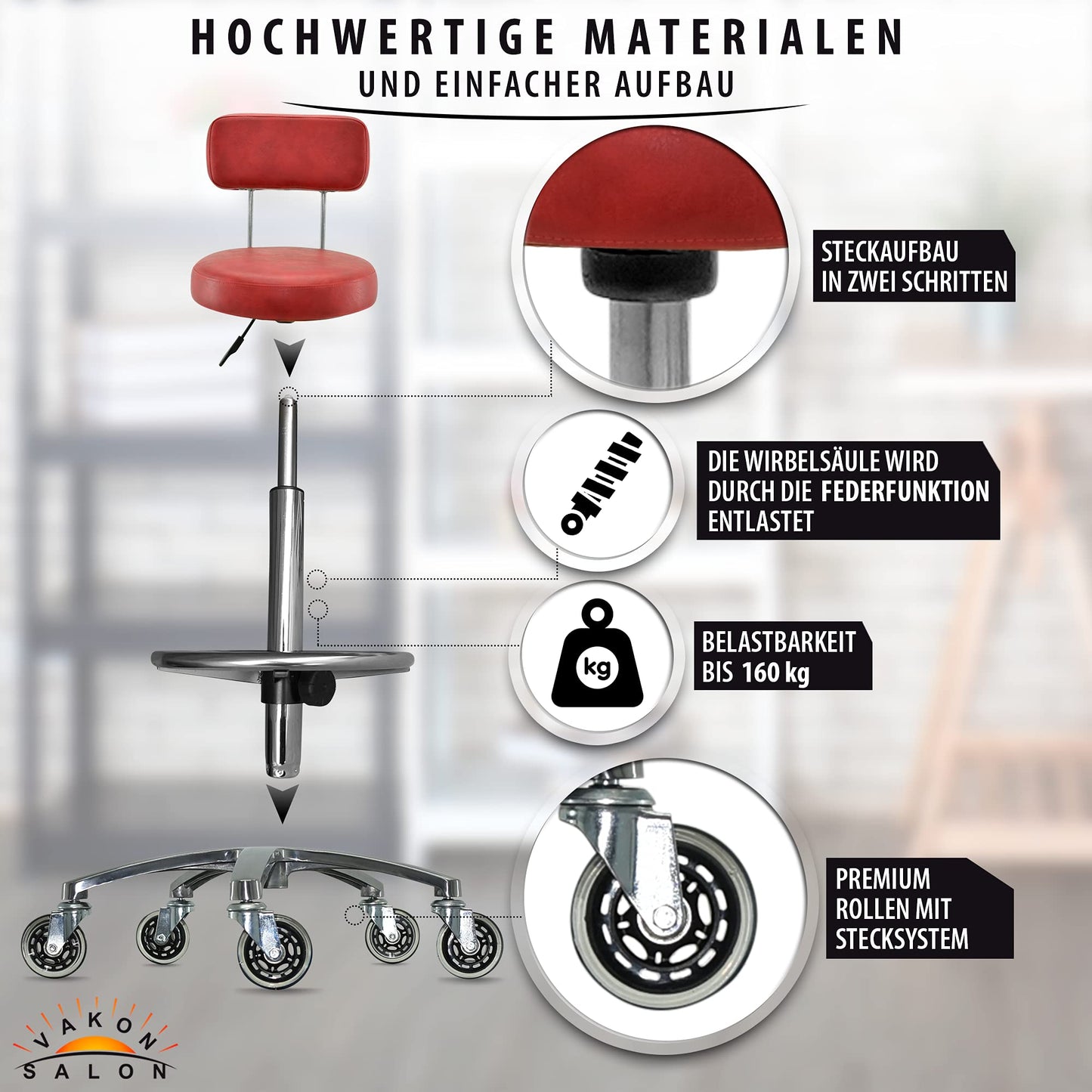 VAKON SALON - Premium rolling stool in red with backrest and foot ring - Height adjustable 55-75 cm - Round seat swivel stool work stool practice stool