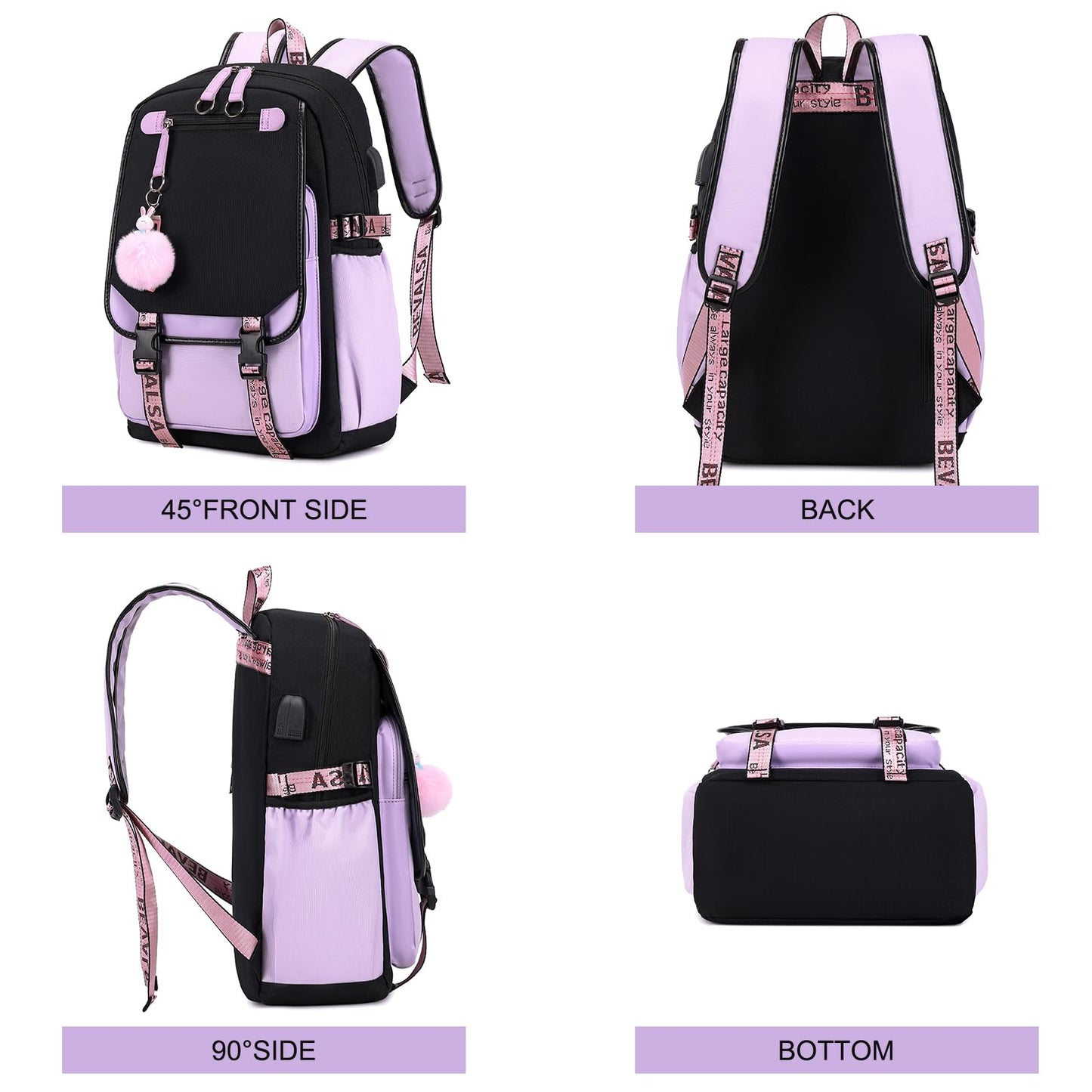 Bevalsa school backpack for girls teenager with school bags set, leisure backpack large 20L waterproof school bag backpack casual daypacks for kids women (purple)