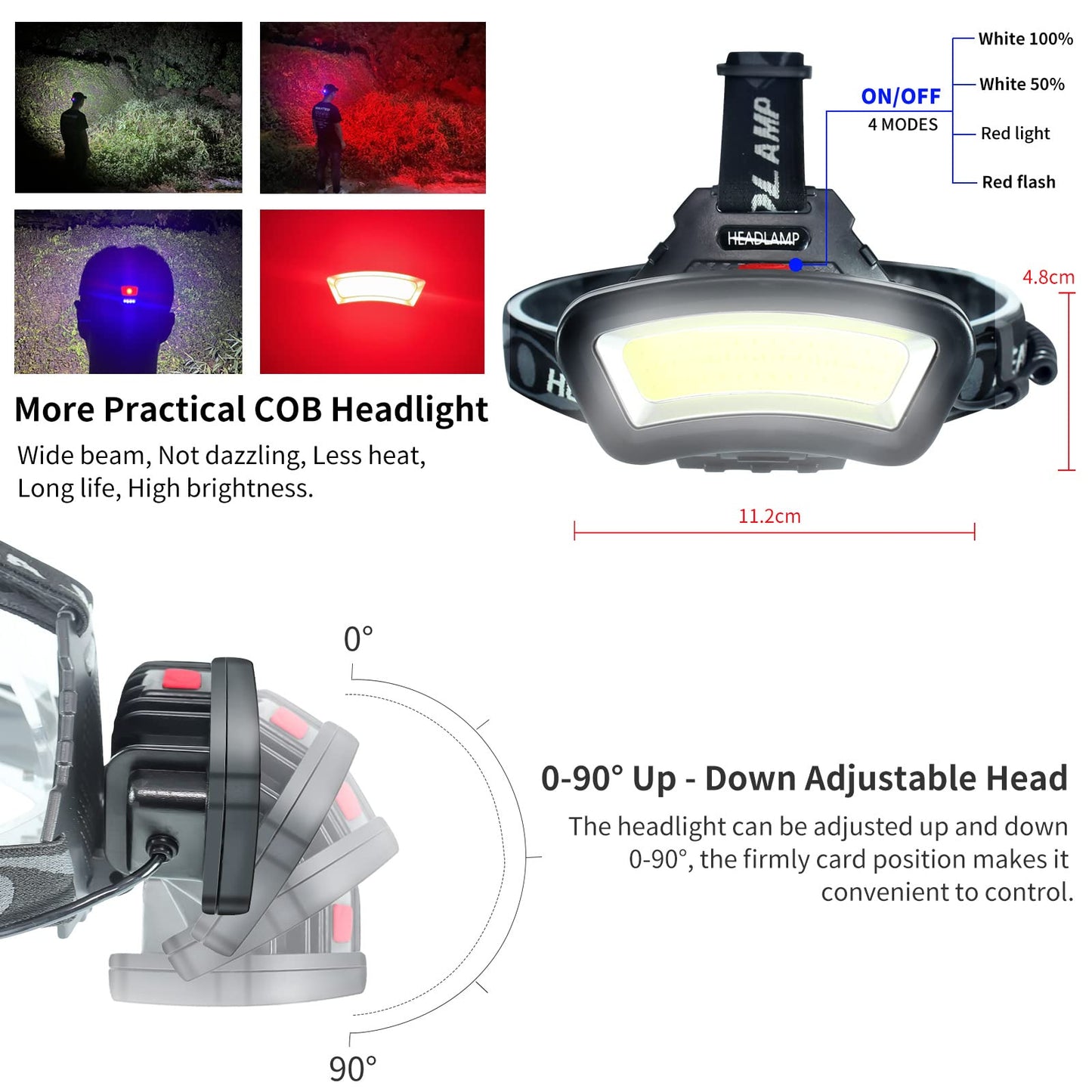 DARKBEAM COB Floodlight Headlamp LED with Red Light Rechargeable USB, Bright 2000 Lumens, Rechargeable Waterproof Headlamp, Fishing, Work Light for Helmet, Including Batteries, 7-14 Hours Battery Life.