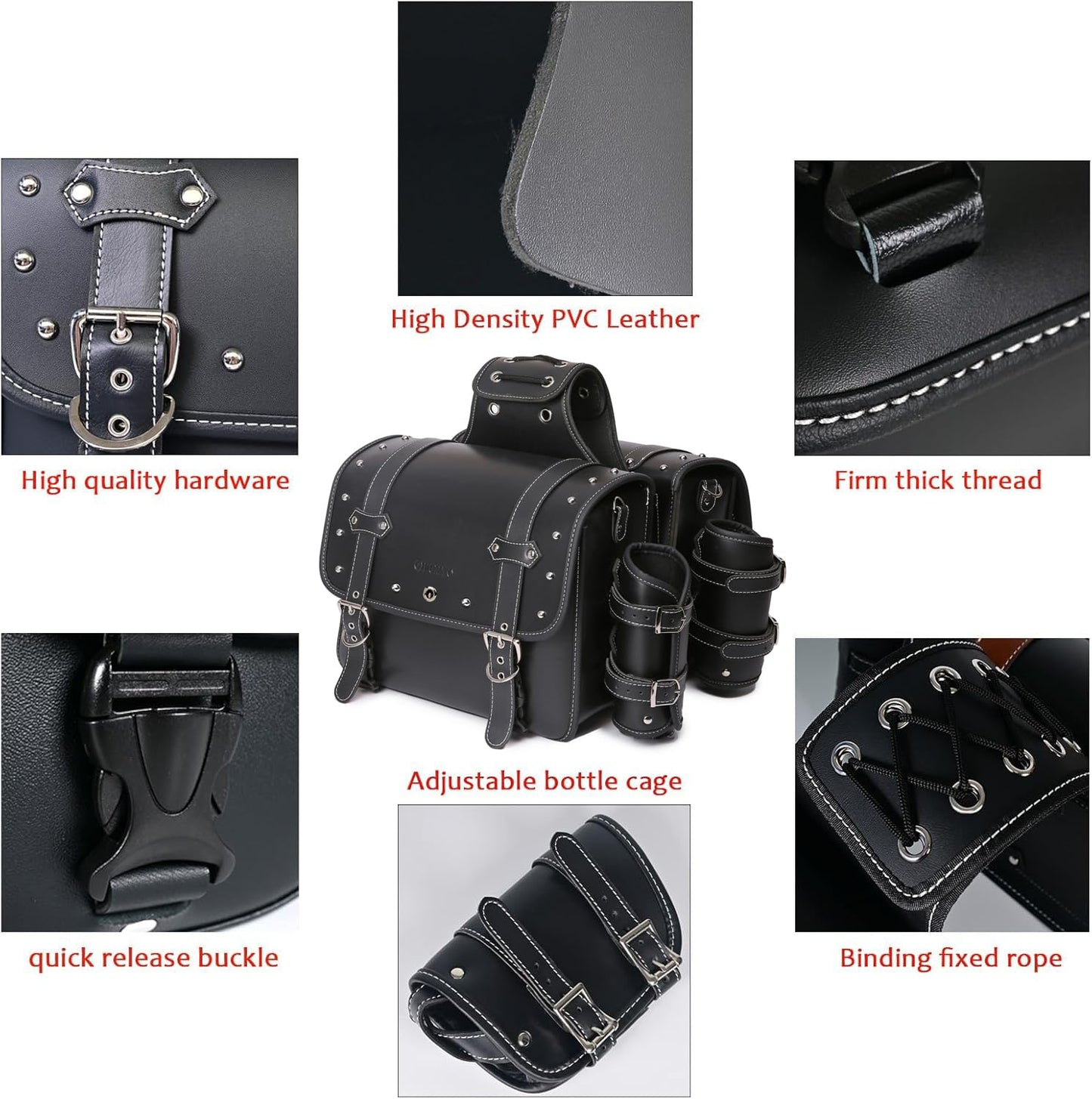 High-density leather motorcycle saddlebags, throw-over bags, luggage racks, side bags with drink holder, waterproof, side tool pouch, storage bag for motorcycle, universal, 1 pair, L, black.