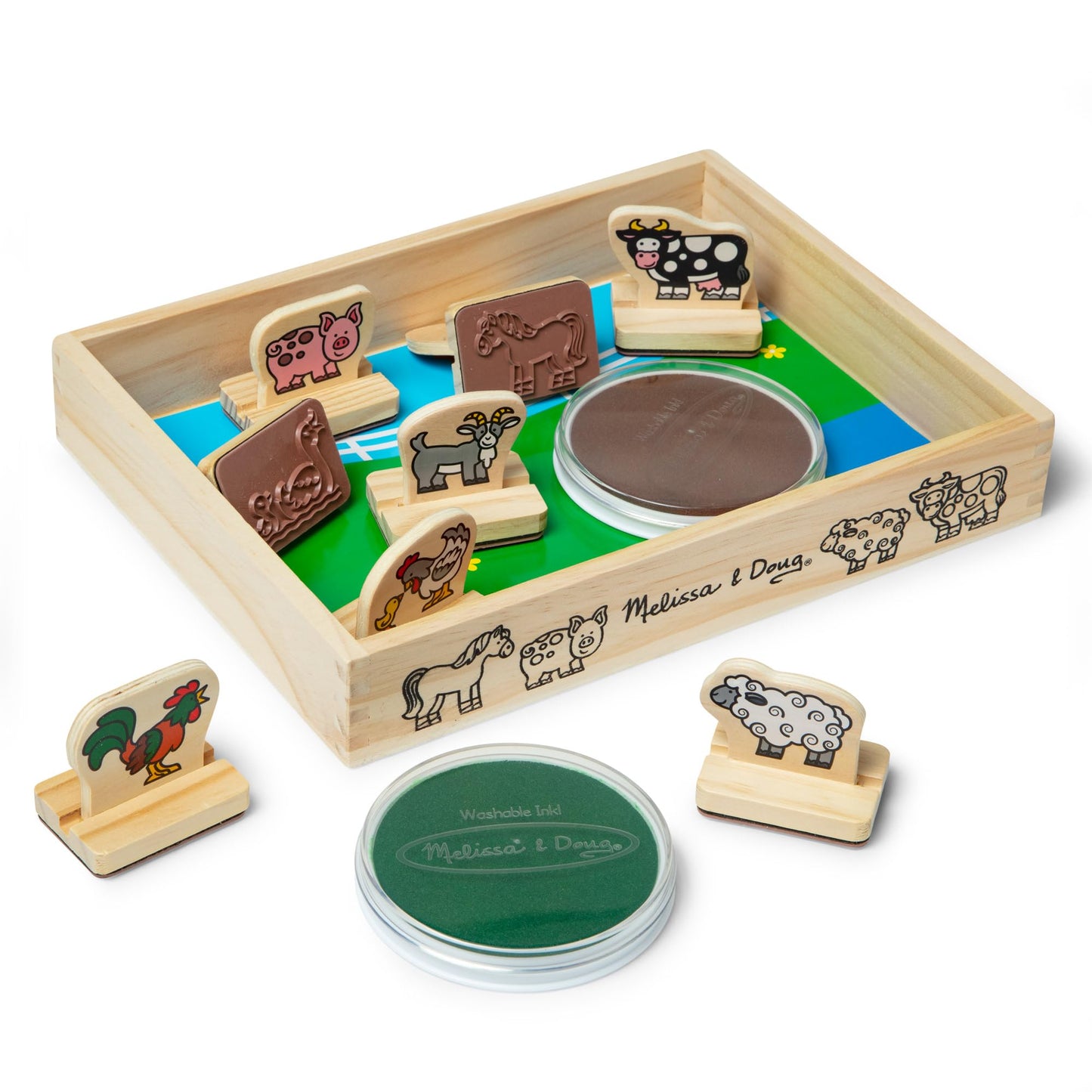 Melissa & Doug Wooden Stamp Set Farm Animals | 8 wooden stamps, 2 stamp pads, storage box | For children ages 3 years and up