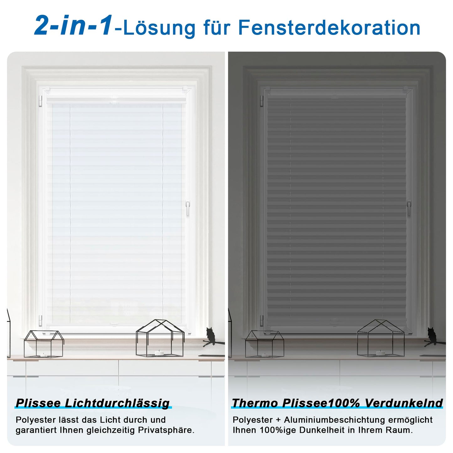All-in-one Pleated without drilling blackout (Day and Night), White 60x110cm (WxH) Thermo Pleated 100% blackout & lightproof blind, Double pleated colorful for windows & doors.
