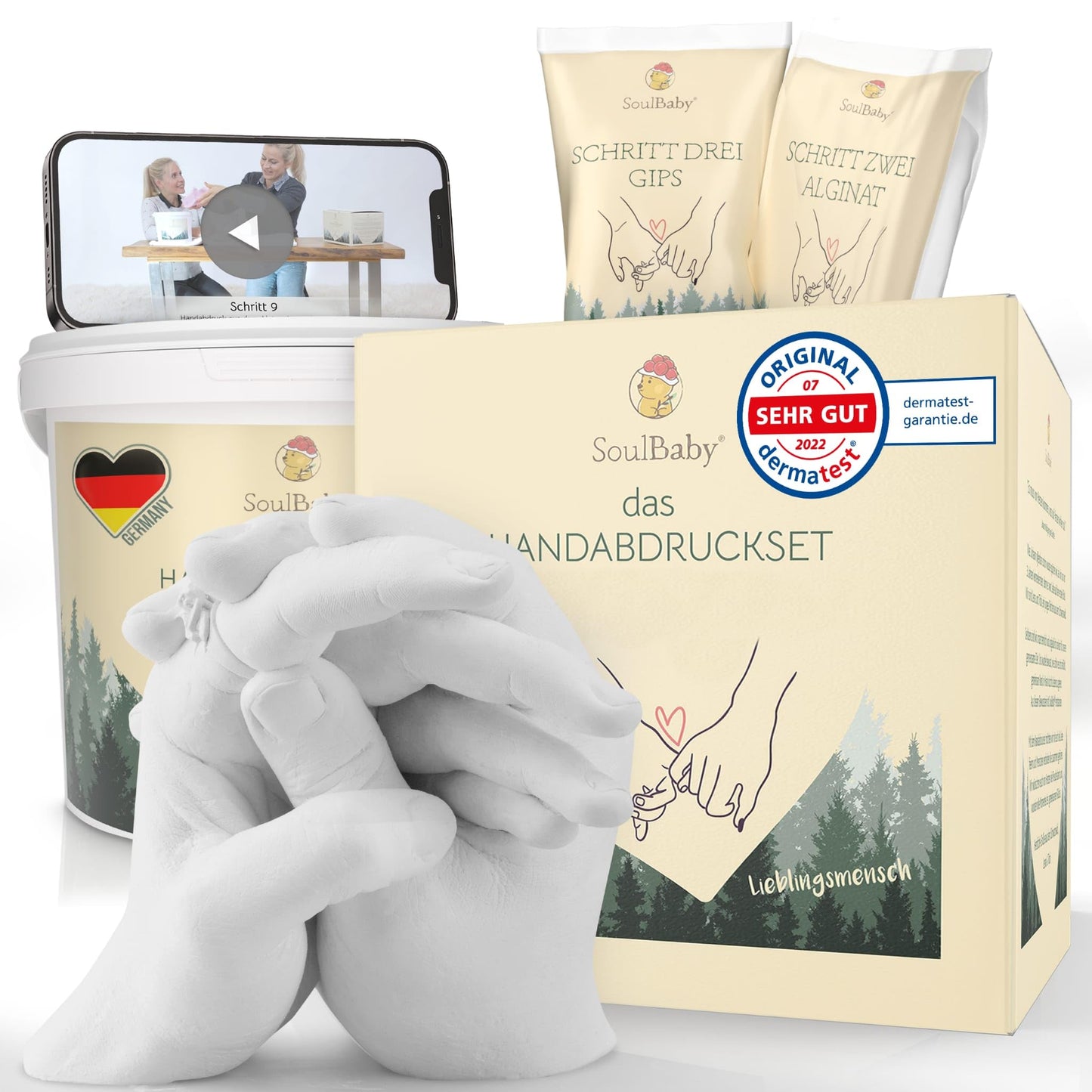 SOULBABY® 3D Handprint Set for couples with gift packaging I Plaster casting kit with extra large bucket I 100% Black Forest Made I Premium plaster hand casting couple with video instructions