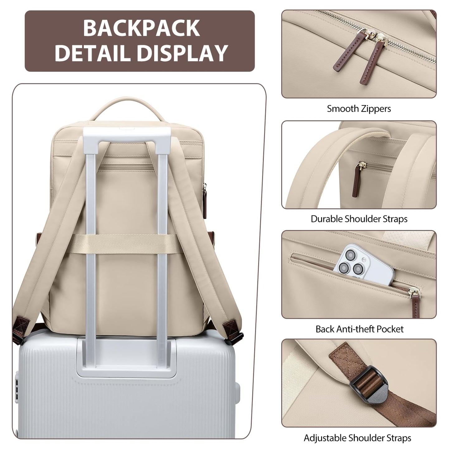 GOLF QUALITY laptop backpack, carry-on backpack 16 inches, backpack for women and men, waterproof business backpack, daypack for school, cycling, leisure, and travel in apricot color.