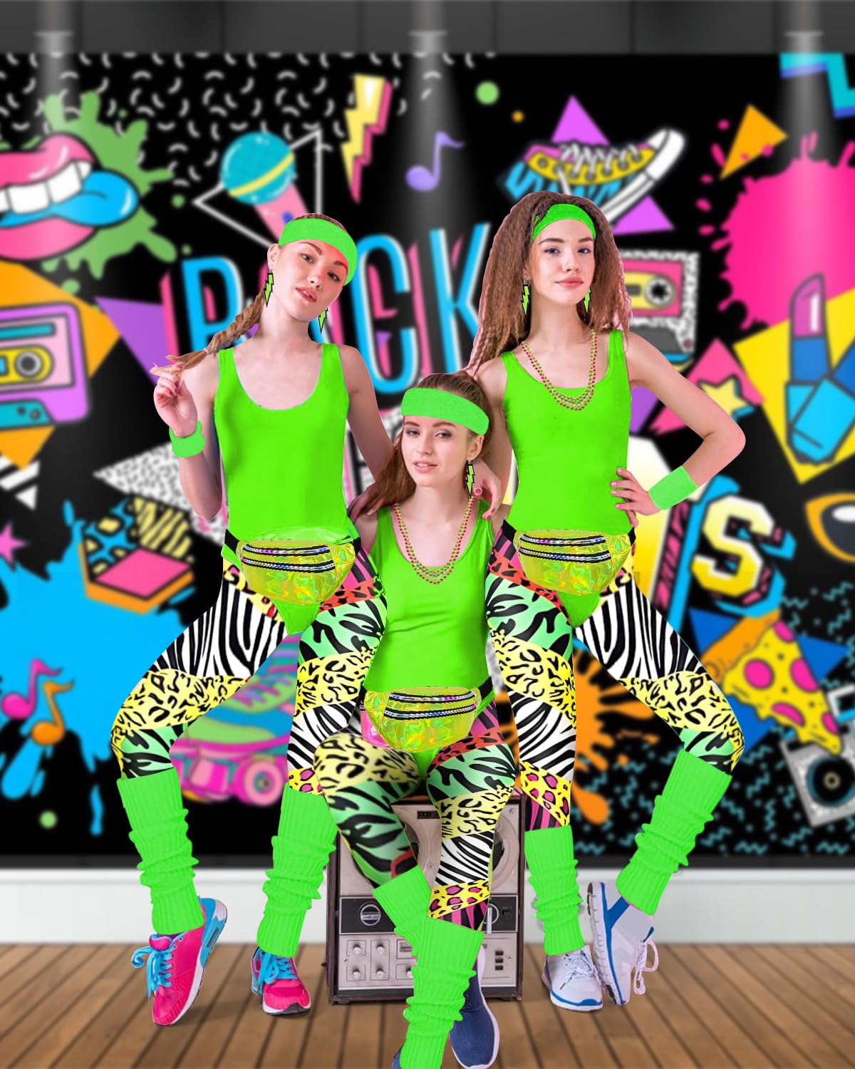 BIQIQI 80s Outfit Women Set Retro Tracksuit Costume 80s 90s Clothing Costume Accessories Clothes Jersey, Leggings, Headband, Bracelets, Leg Warmers, Earrings, Fanny Pack