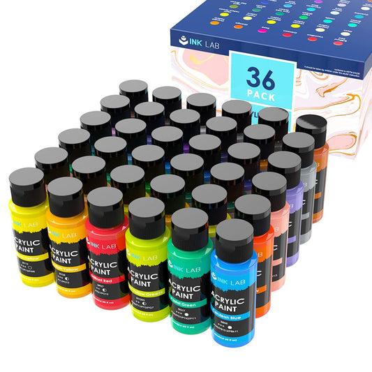 INK LAB Acrylic Paint Set 36 x 60 ml, Waterproof and lightfast acrylic paints, Quick-drying for paper, wood, canvas, fabrics, Ideal for beginners and professionals.