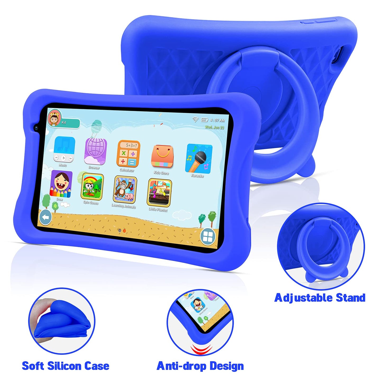 PRITOM Android 10, 8-inch kids tablet, parental control, kids apps, quad-core processor, 2GB RAM, 32GB ROM, HD IPS screen, dual rear camera, with kids tablet case (blue)