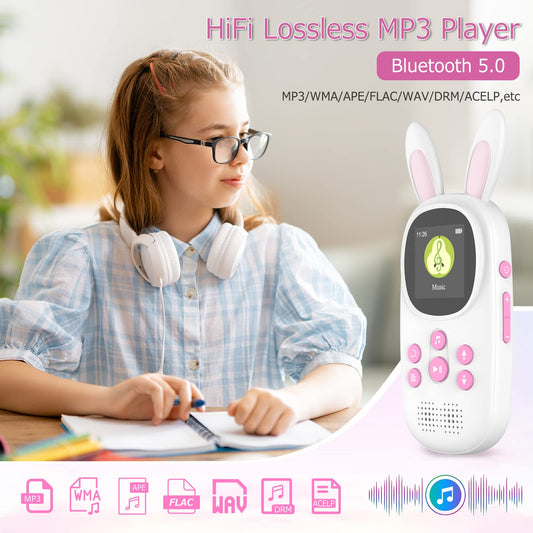 32GB Bluetooth MP3 Player for Kids, Cute Bunny Children's Music MP3 Player with Headphones & Speaker, MP3 Player with FM Radio, Recording, Alarm, Pedometer, Stopwatch, Supports up to 128GB.