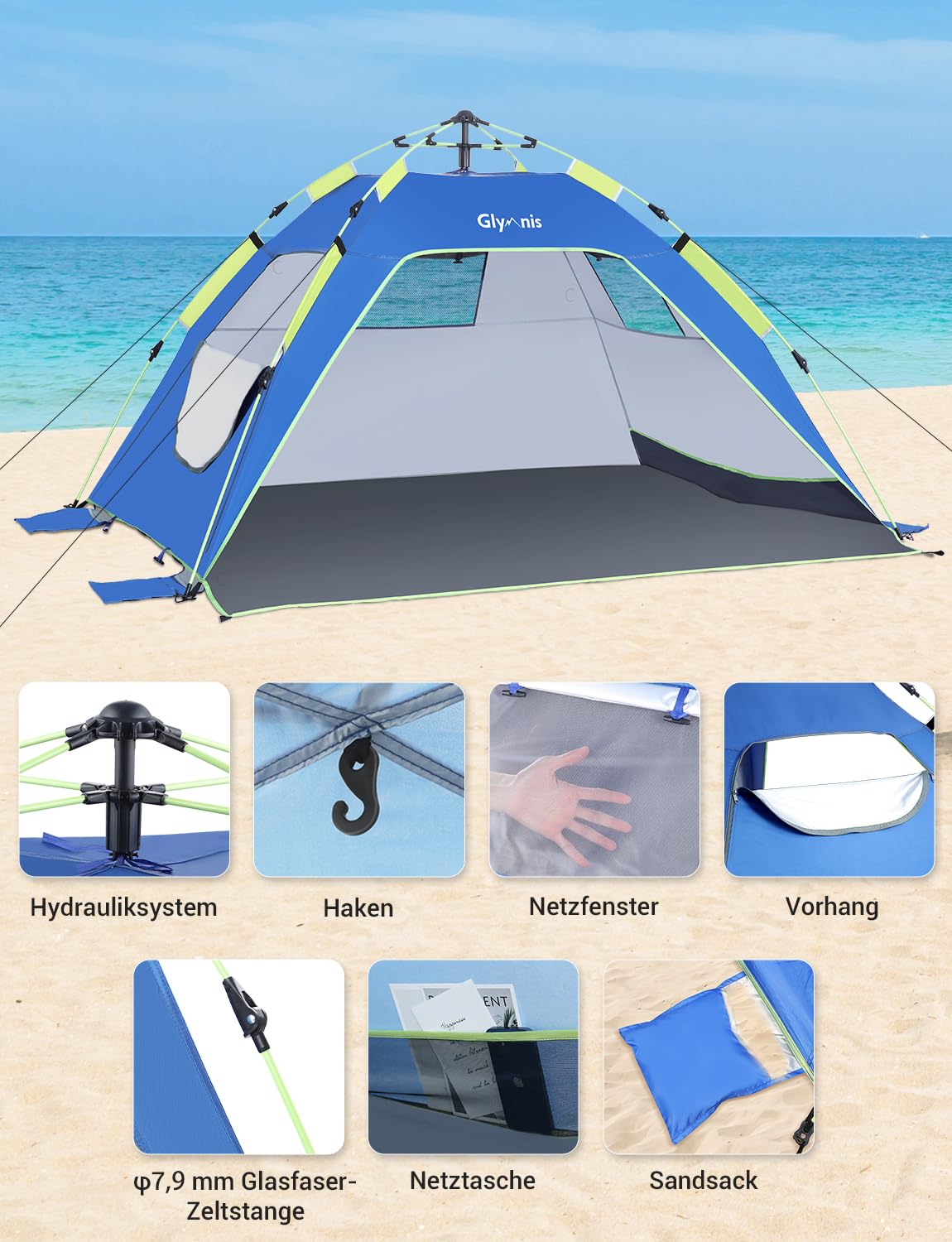 Glymnis Beach Shelter Quick Up Beach Tent Automatic Beach Tent with Zipper Door UV Protection 50+ Wind Protection Small Pack Size Beach Tent for 3 to 4 People