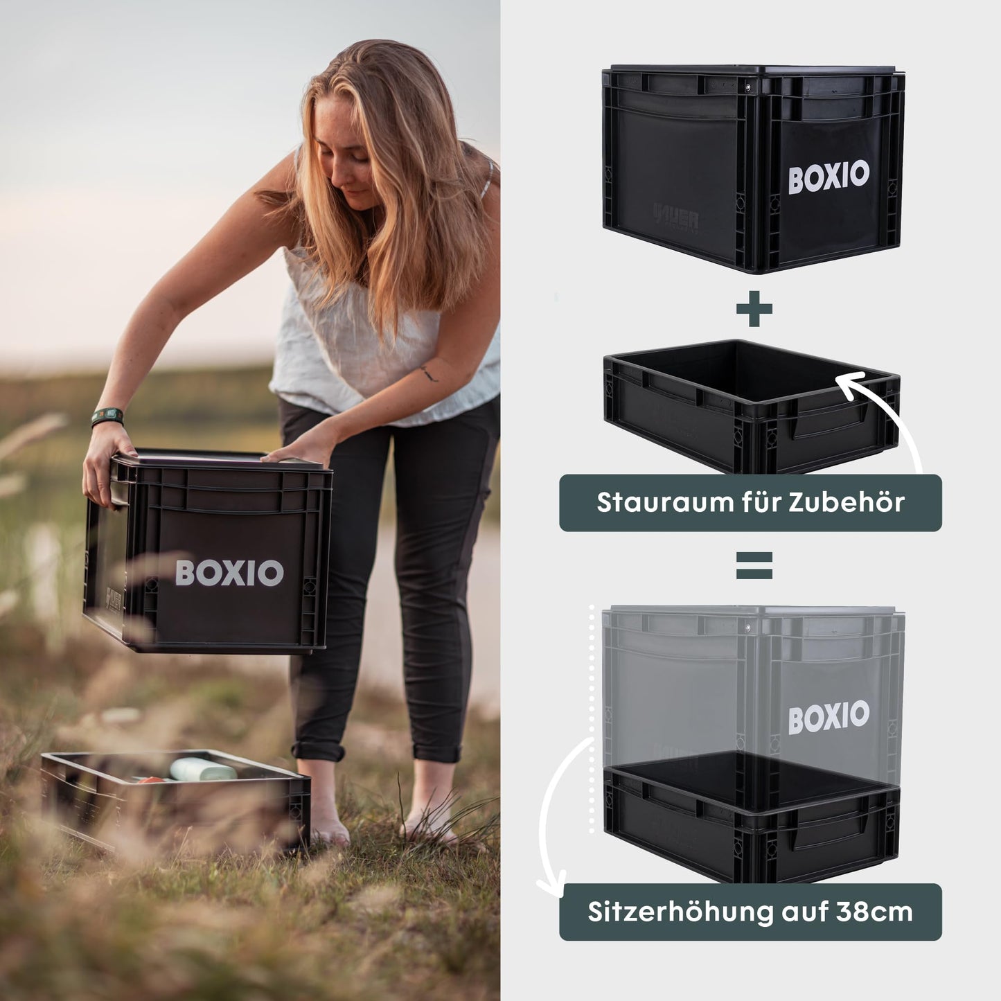 BOXIO - Toilet Max+: Camping toilet complete set, mobile dry separation toilet without chemicals for camping, van, outdoor, rooftop tent. Toilet on Eurobox basis without electricity for on the go, black, 40x30x28.