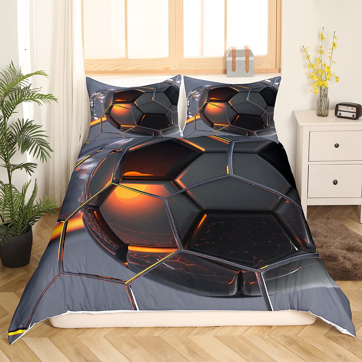 Loussiesd kids' bedding set soccer print duvet cover set black grey 2pc 135x200cm microfiber bedding for boys teens soccer sports theme with 1 pillowcase zipper