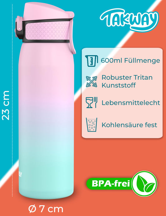TAKWAY kids' leak-proof water bottle with fruit infuser 600 ml - Tritan, BPA-free - suitable for carbonated drinks - bottle for school, sports (Pink - Turquoise)