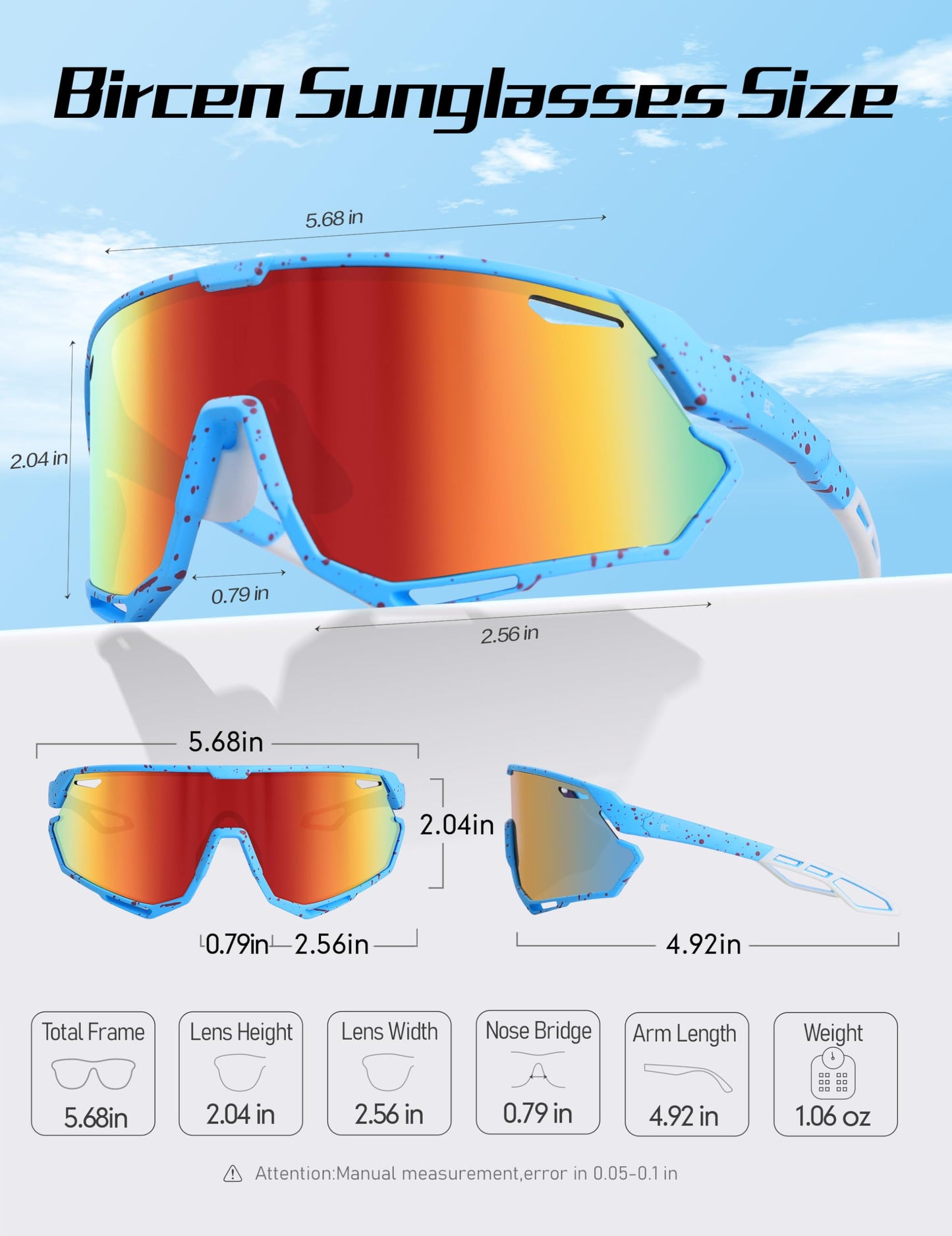 Bircenpro Sport Sunglasses for Men Women - UV Protection Cycling Glasses for Running, MTB, Golf, Road Biking and Cycling