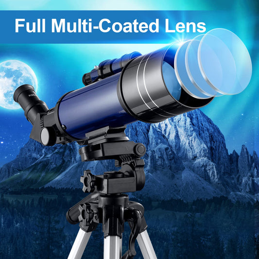 Astronomical telescope with tripod, Pro 400/70 FMC optical refractor glass telescopes. Telescope for children and adult beginners. Portable full kit.