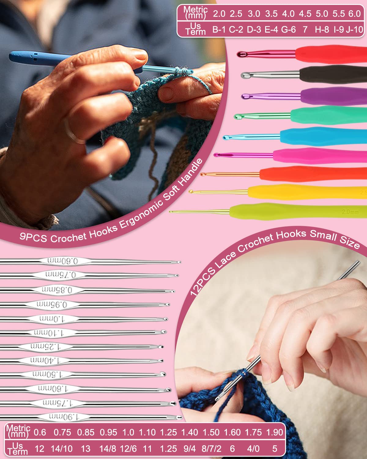 Coopay Crochet Kit for Beginners, 71 Piece Crochet Hook Set with Bag and Yarn, Premium Crochet Set with Knitting Accessories and Yarn, 0.6-6.0 mm Crochet Hooks Set, Complete Beginner Crochet Hook Sets Gifts, Pink