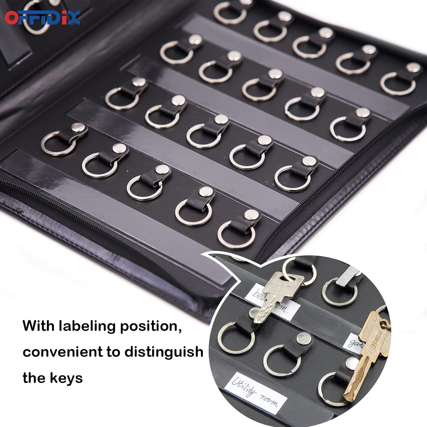 OFFIDIX Leather Key Case with Zipper, Large, Portable, 40 Key Hooks, Key Organizer, Manager and Landlord Key Holder, Key Cabinet for Real Estate Agent, Hotel Manager