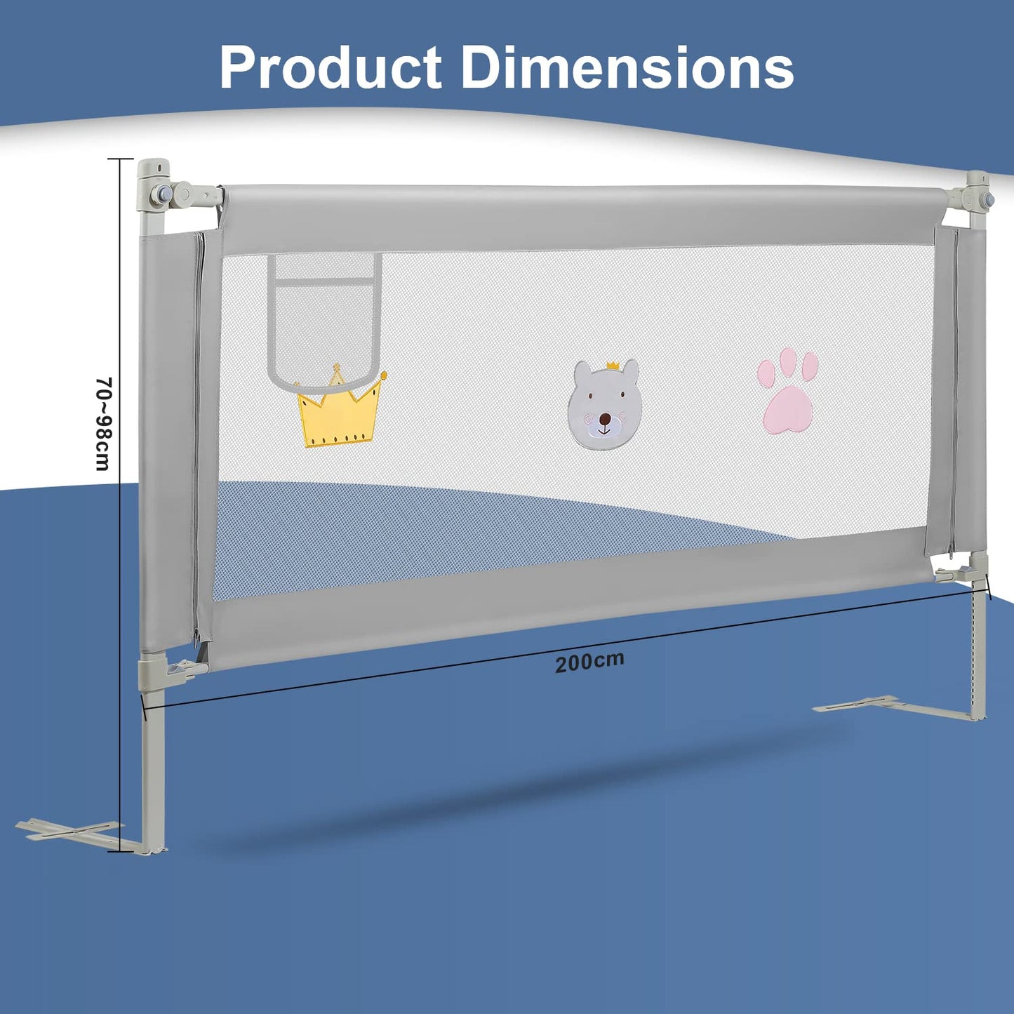 Ikodom bed rail 2X 200cm and 1x 180cm, adjustable height from 70-98cm, bed guardrail, safety rail for kids, easy to assemble baby bed rail.