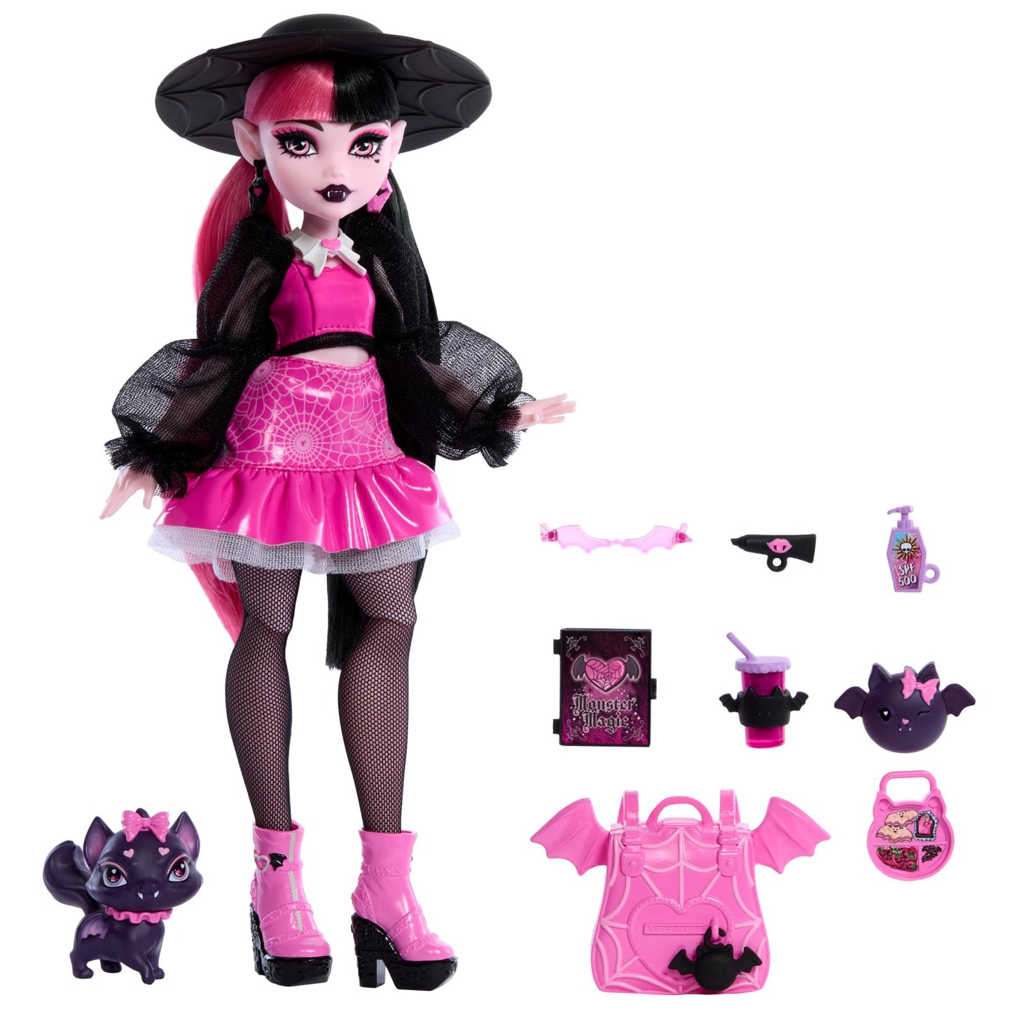 Monster High Draculaura doll with her pet, the bat cat Count Fabulous, and accessories like backpack, spellbook, bento box, and more, HRP64