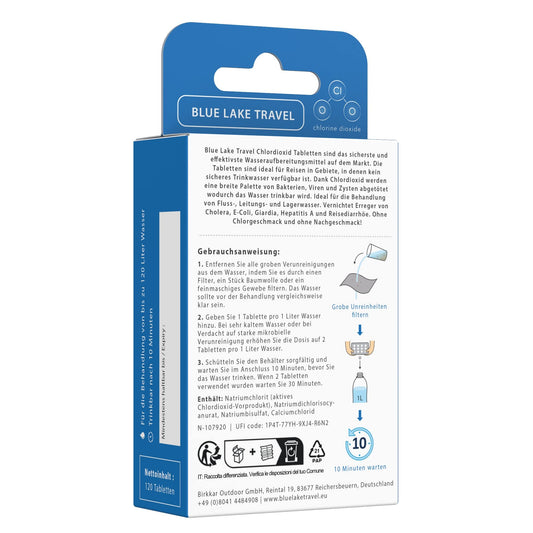Blue Lake Travel Water Purification Drinking Water (4x30 Tablets) - Water Disinfection & Drinking Water Treatment - Chlorine Dioxide Tablets - Blackout Emergency Backpack - Emergency Equipment