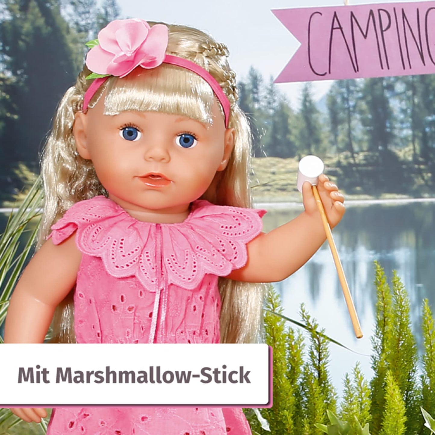 BABY born 832783 Weekend Camping Set - Doll accessories set, doll tent with sleeping bag, campfire with light function, marshmallow stick and soda bottle, Pink