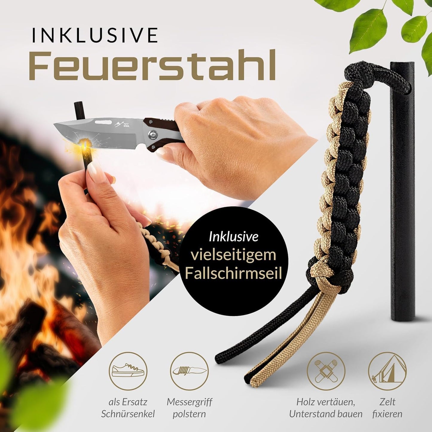 BERGKVIST® K30 Folding Knife (Two-Hand Knife) - Carry allowed in Germany - 3-in-1 pocket knife for outdoor, camping & survival with firesteel & belt pouch - Handle made of ebony