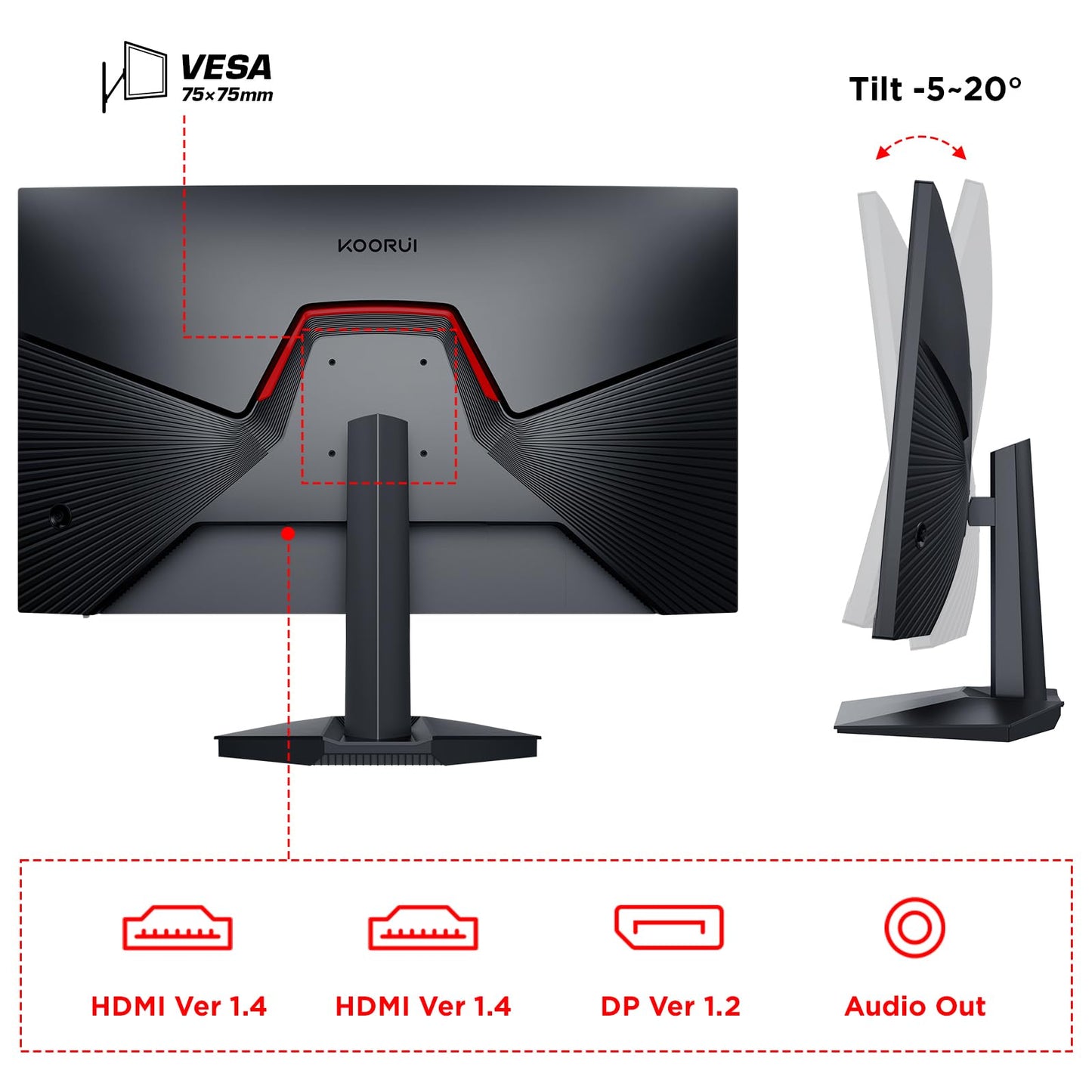 KOORUI 24-inch gaming monitor 165Hz, IPS, 1080p, 1ms, compatible with Adaptive-Sync G-Sync, frameless, HDMI, DisplayPort, tilt adjustable, eye care, VESA wall mount, black