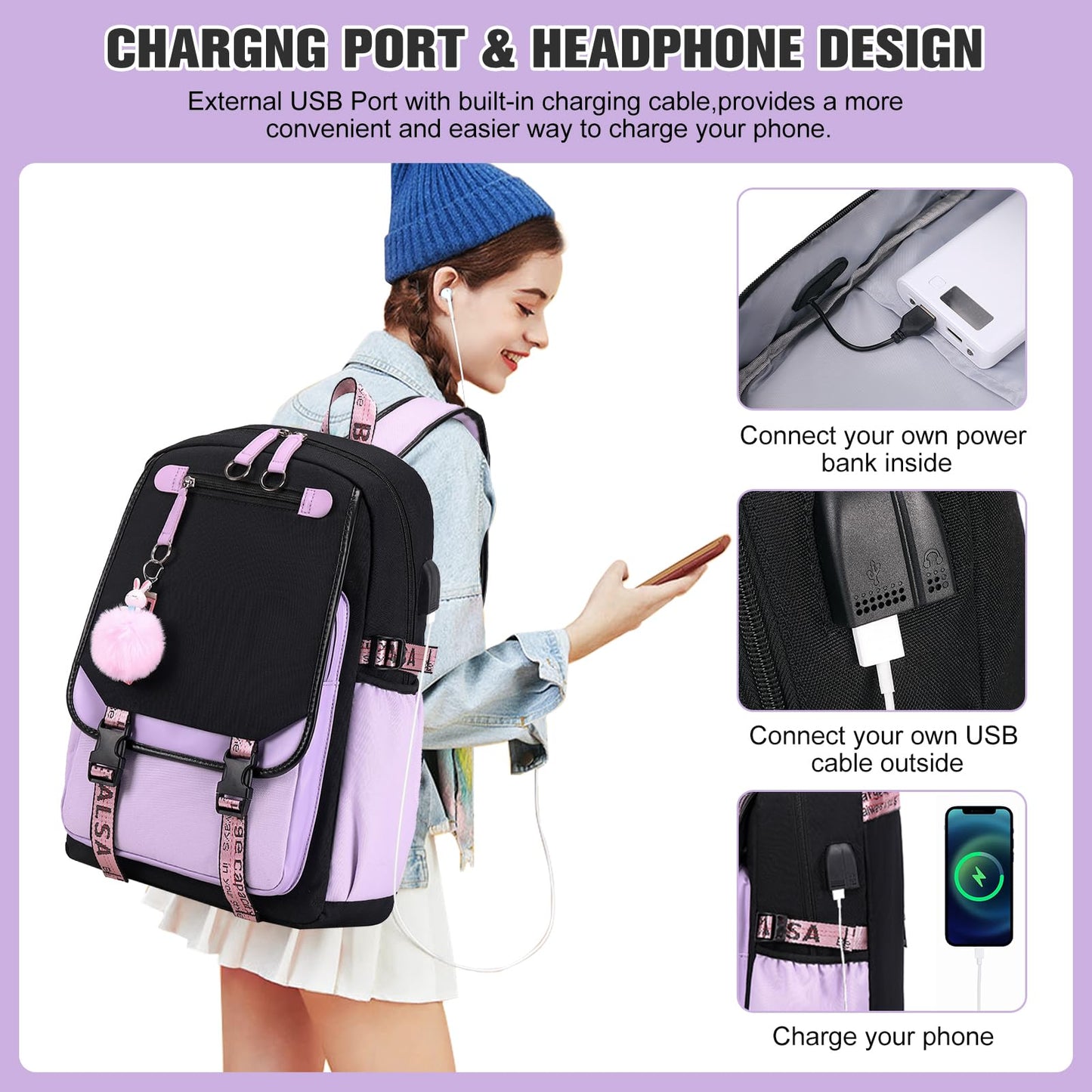 Bevalsa school backpack for girls teenager with school bags set, leisure backpack large 20L waterproof school bag backpack casual daypacks for kids women (purple)