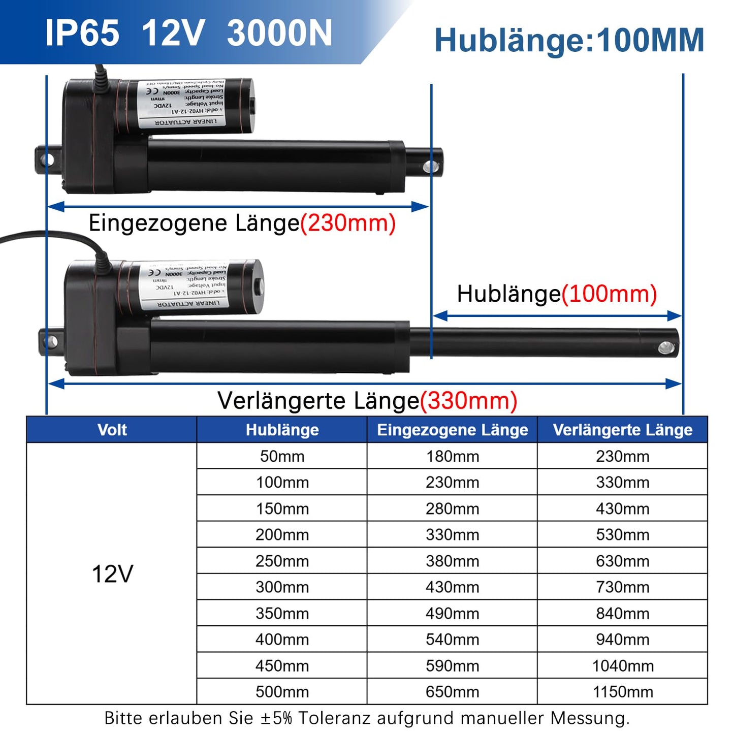 Jvnvlki 3000N 100mm Stroke IP65 Waterproof Linear Actuator 12V Linear Motor 5mm/s With Mounting Brackets for Cabinet, Window Opener, Door Opener, Home Automation